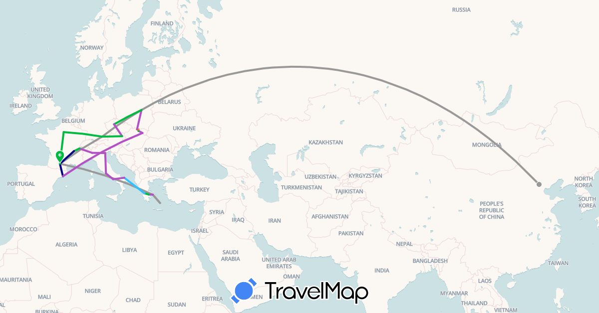TravelMap itinerary: driving, bus, plane, train, hiking, boat, hitchhiking, motorbike in Austria, Switzerland, China, Czech Republic, Germany, Spain, France, Greece, Italy, Poland, Slovakia (Asia, Europe)